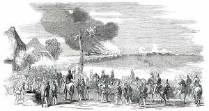 First Schleswig War Prints: Schleswig-Holstein War - Burning of the Lesser Camp, at Kochendorf, 1850. Creator: Unknown