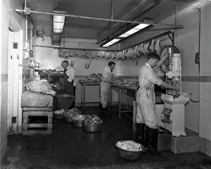 Food Industry Prints: Schonhuts Butchers, Rotherham, South Yorkshire, 1955. Artist: Michael Walters