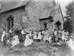 School children measuring and sketching at a stone building, Washington, D.C. (1899?). Creator: Frances Benjamin Johnston