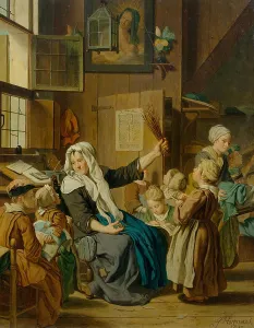 Schoolmistress Prints: School class with teacher, 1733. Creator: Horemans, Jan Josef, the Younger (1714-1790)