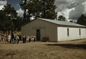 Office Gallery: The school at Pie Town, New Mexico in the Farm Bureau building, 1940. Creator: Russell Lee