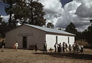Office Gallery: School at Pie Town, New Mexico is held at the Farm Bureau Building, 1940. Creator: Russell Lee