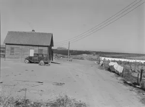 The Schroeder familys new house. Cleared and irrigated fields of their land beyond. Dead Ox Flat, Malheur County, Oregon Washing Collection: The Schroeder familys new house, Dead Ox Flat, Malheur County, Oregon, 1939. Creator: Dorothea Lange