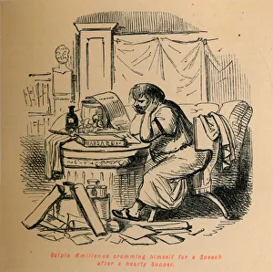 Scipio Aemilianus cramming himself for a Speech after a hearty Supper, 1852. Artist: John Leech Scipio Aemilianus cramming himself for a Speech after a hearty Supper, 1852. Artist: John Leech