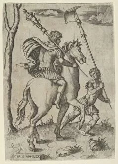 Leader Collection: Scipio Africanus on horseback preceeded by a foot soldier holding a standard, ca.... ca. 1500-1534