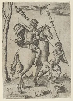 Scipio Africanus on horseback preceeded by a foot soldier holding a standard, ca... ca. 1500-1534. Creator: Marcantonio Raimondi