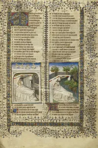 Scipio Lying in Bed Dreaming; Guillaume de Lorris Lying in Bed Dreaming, about 1405. Creators: Unknown, Guillaume de Lorris