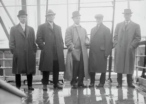 Fielder Prints: Scott, Kieber, Zacker, Lush, and Merkel on boat deck, 1910. Creator: Bain News Service