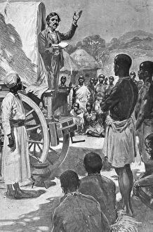 Waggon Gallery: Scottish explorer and missionary David Livingstone preaching from a wagon, Africa, 19th century