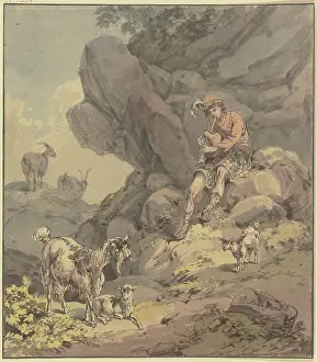 Franz Joseph Prints: Scottish shepherd sitting with his flock of goats in front of a rock face