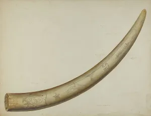 Tusk Prints: Scrimshaw: Walrus Tusk, 1941. Creator: Oscar Bluhme