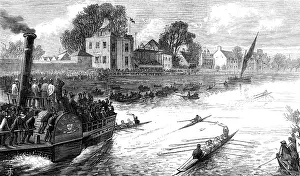 Rowing Boats Prints: Scullers race for the Championship of the Thames: the finish