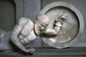 Shield Collection: Sculpture of a fallen warrior from the Greek temple of Aphaia at Aegina, 6th century BC
