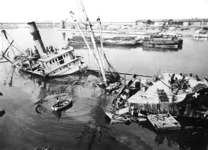 Damage Prints: Scuttled ship in Marseilles harbour, France, c1945-1949