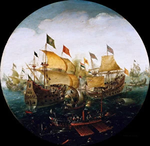 Sea battle between the Dutch and Spanish ships, 1604. Artist: Aert Anthonisz. (Aert van Antum) (ca. 1580-1620)