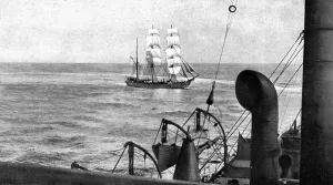 Observing Prints: At sea; During boarding, a patrol cruiser turns on the visiting vessel which it encircles