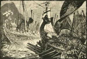 Ptolemy I Soter Collection: Sea-Fight Between Ptolemy and Demetrius Poliorcetes Off Salamis, 1890. Creator: Unknown