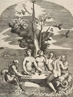 Nymphs Gallery: Two sea gods accompanied by four nymphs, 1531-76. Creator: Giulio Bonasone