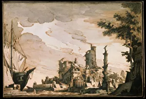 Pierre Gothard Gonzague Prints: Sea Harbor, Stage design for a theatre play, 1818. Artist: Pietro Gonzaga