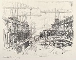 Shipbuilding Gallery: The Sea Lords Yard, c. 1912. Creator: Joseph Pennell