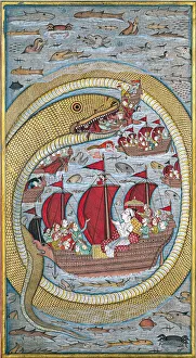 Fleet Prints: Sea serpent swallows the royal fleet, 1670. Artist: Indian Art
