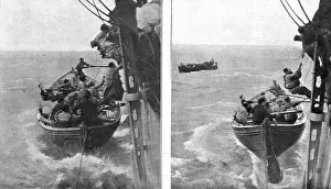 Hoist Prints: At sea; Shipwreck survivors hoist themselves aboard the lifeboat, 1917. Creator: Unknown