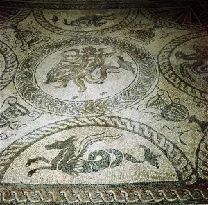 Seahorse and Cupid on Dolphin mosaic, Fishbourne Roman Villa, Sussex