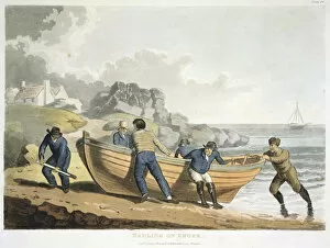 Seamen hauling a clinker-built dinghy up onto the shore, 1821