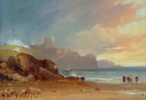 Seascape with Castle and Figures, 1850. Creator: Horatio McCulloch