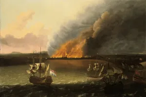 Mid 17th Century Prints: Seascape with a fire in the distance, 1667. Artist: Ludolf Backhuysen I