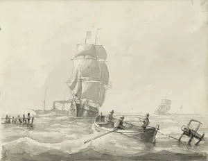 Seascape with sailing ships, a steamship and a rowing boat, c.1825-c.1875. Creator: Circle of Petrus Johannes Schotel