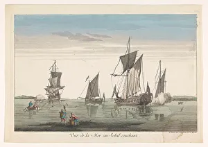Galleon Prints: Seascape with ships and boats at sunset, 1745-1775. Creator: Unknown