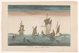 Galleon Prints: Seascape with ships and boats at sunset, 1745-1775. Creator: Unknown
