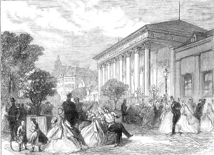 Hot Springs Prints: The Season at Baden-Baden: the Place de la Conversation, 1865. Creator: Unknown