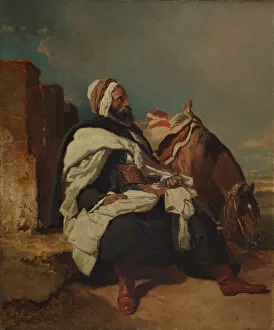 Seated Arab Man with Horse, possibly ca. 1850-58. Creator: Alfred Dedreux