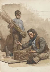 At Work Prints: Seated basket weaver with standing boy, 1874-1925. Creator: Jan Veth