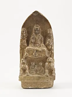 Wei Dynasty Prints: Seated Buddha with bodhisattvas, lions, and figures, Period of Division, possibly 534-557