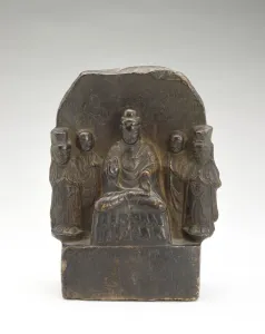 Shaka Nyorai Prints: Seated Buddha (Shakyamuni) with standing monks and bodhisattvas