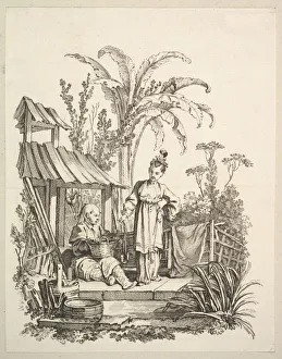 Huquier Prints: A Seated Chinese Man and a Woman Carrying a Fish, ca. 1742. Creator: Gabriel Huquier