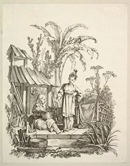 Chez Huquier Gallery: A Seated Chinese Man and a Woman Carrying a Fish, ca. 1742. Creator: Gabriel Huquier