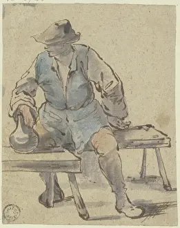 Farmer Prints: Seated farmer, hand resting on a jug on a bench in front of him