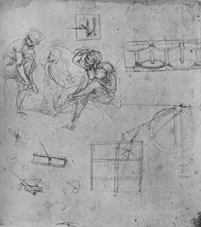 Mechanical Gallery: Three Seated Figures and Studies of Machinery, 1480-1481 (1945). Artist: Leonardo da Vinci