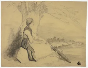 Graphite On Tan Wove Paper Prints: Seated Girl with Basket, 1876. Creator: Edith Langdale