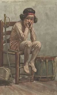 Seated girl in leotard with military props, 1870-1923. Creator: Willem Witsen