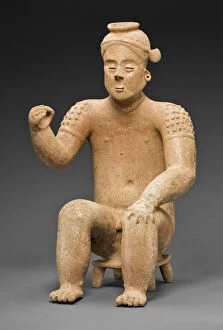 Colima Collection: Seated Male Figure with One Arm Raised, A.D. 100 / 900. Creator: Unknown