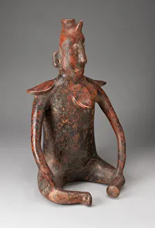 Jalisco Prints: Seated Male Figure with Horn Headdress and Collar in Relief, 100 B. C. / A. D. 300