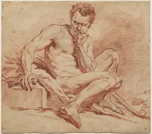 Franois Boucher Prints: Seated Male Nude with Shepherd Staff, between 1740 and 1759. Creator: Francois Boucher