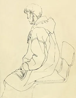 Shirley Jane Prints: Seated man in duffel coat, c1952. Creator: Shirley Markham