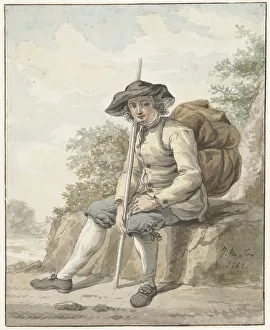 Knapsack Prints: Seated man with a knapsack and a stick, 1784. Creator: Jacob van Strij
