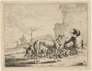 Dirck Stoop Prints: A Seated Man with a Pack of Dogs, 1651. Creator: Dirck Stoop